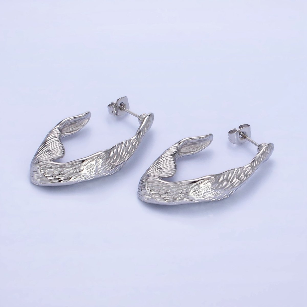 Stainless Steel 35mm Line-Textured Abstract Foil J-Shaped Earrings in Gold & Silver | AB1370 AB1371