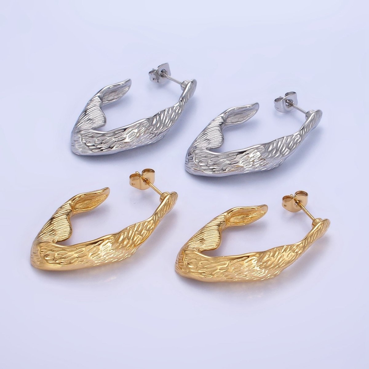 Stainless Steel 35mm Line-Textured Abstract Foil J-Shaped Earrings in Gold & Silver | AB1370 AB1371