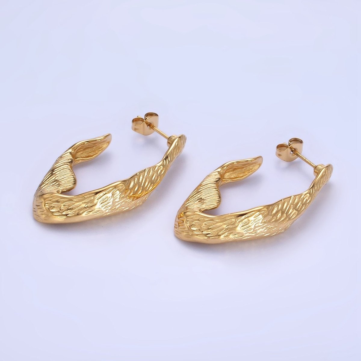 Stainless Steel 35mm Line-Textured Abstract Foil J-Shaped Earrings in Gold & Silver | AB1370 AB1371