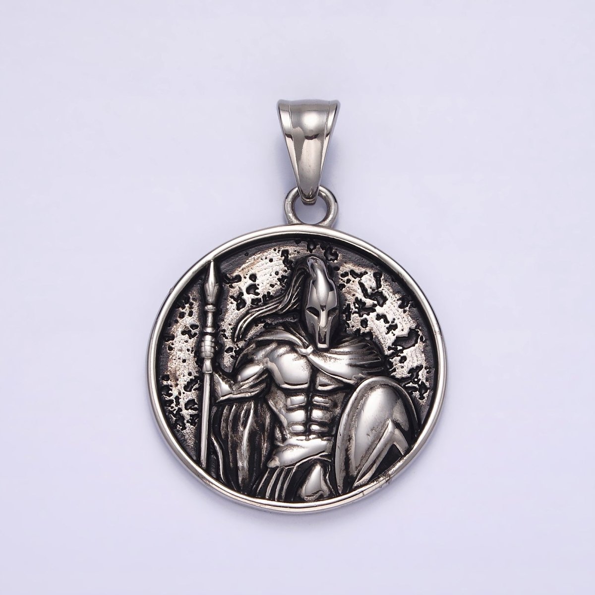 Stainless Steel 35mm Warrior Soldier Spear Shield Round Pendant | P-824 - DLUXCA