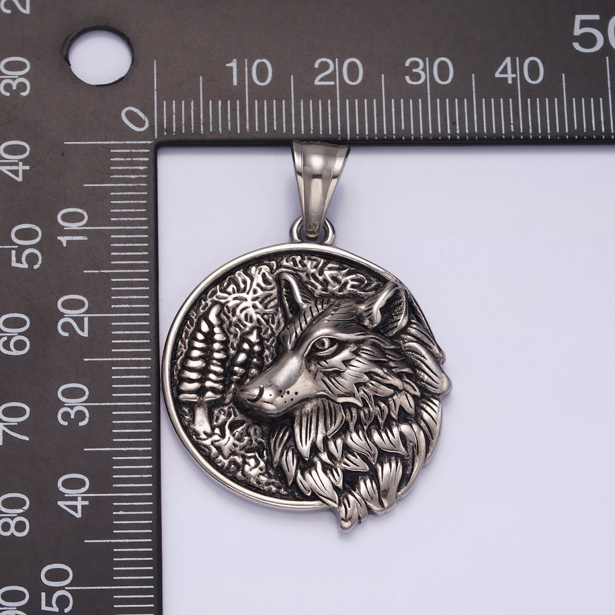 Stainless Steel 35mm Wolf Animal Nature Forest Trees Textured Round Pendant | P-827 - DLUXCA