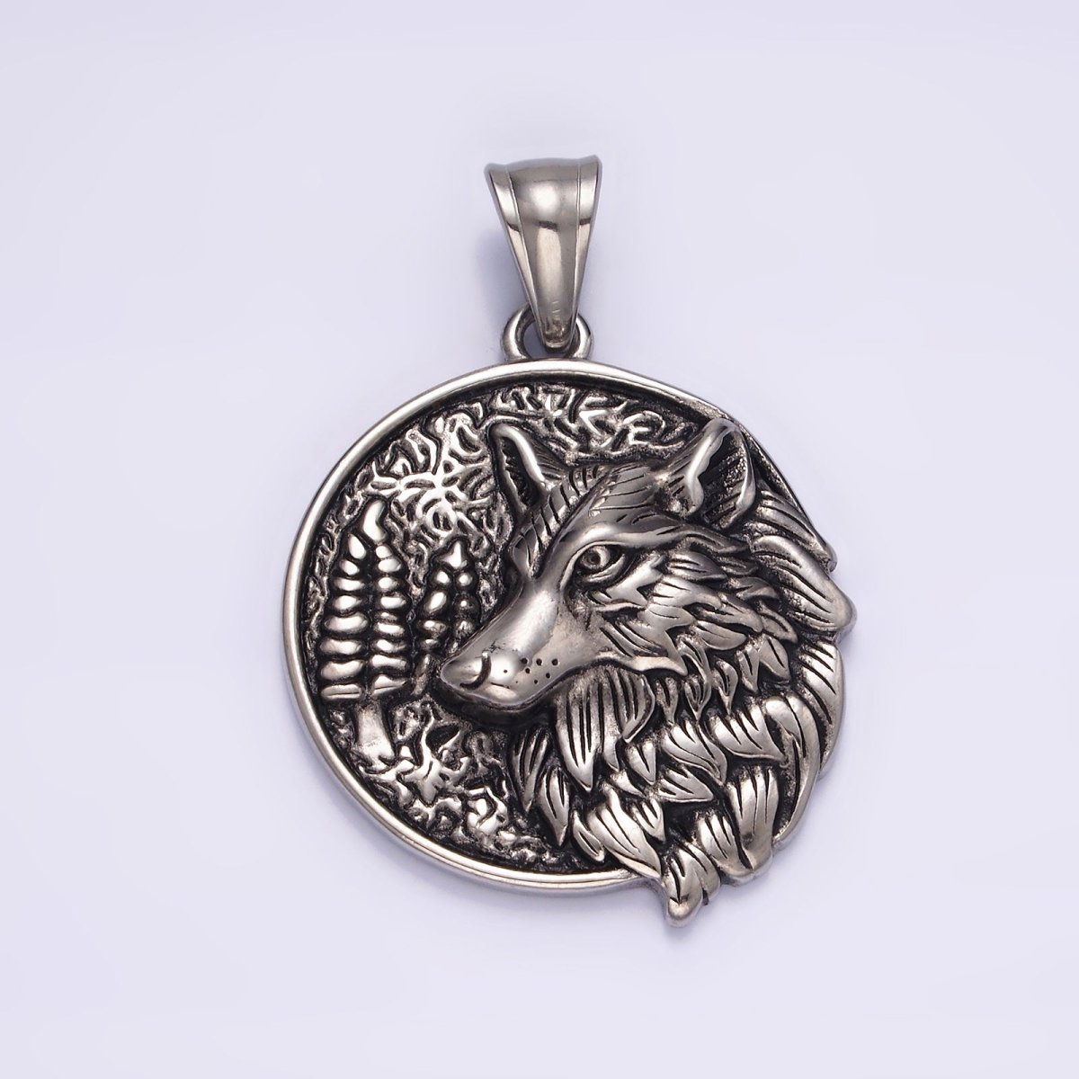 Stainless Steel 35mm Wolf Animal Nature Forest Trees Textured Round Pendant | P-827 - DLUXCA