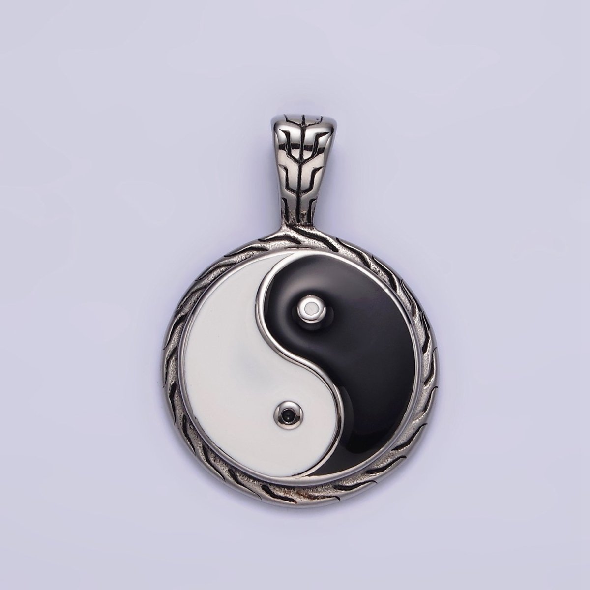 Stainless Steel 35mm Yin Yang Enamel Round Line-Textured Pendant in Silver & Gold | P-723
