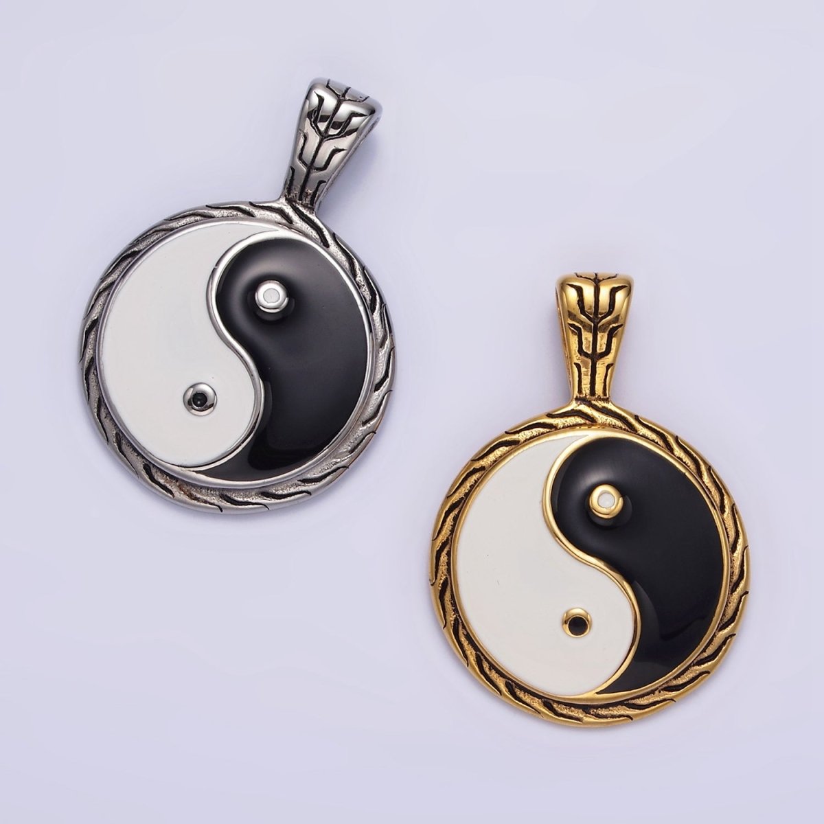 Stainless Steel 35mm Yin Yang Enamel Round Line-Textured Pendant in Silver & Gold | P-723