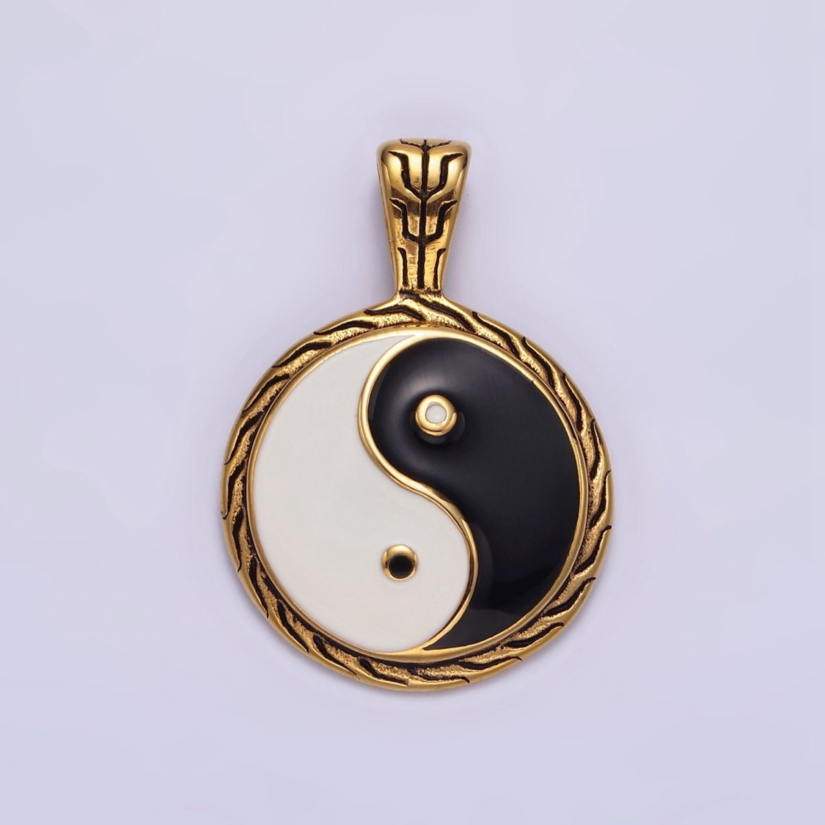Stainless Steel 35mm Yin Yang Enamel Round Line-Textured Pendant in Silver & Gold | P-723