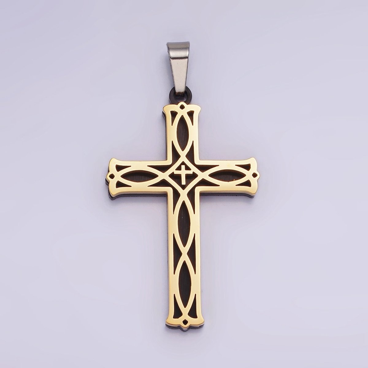 Stainless Steel 37.5mm Celtic Black Back Accented Artisan Bar Religious Cross in Gold & Silver | P-757