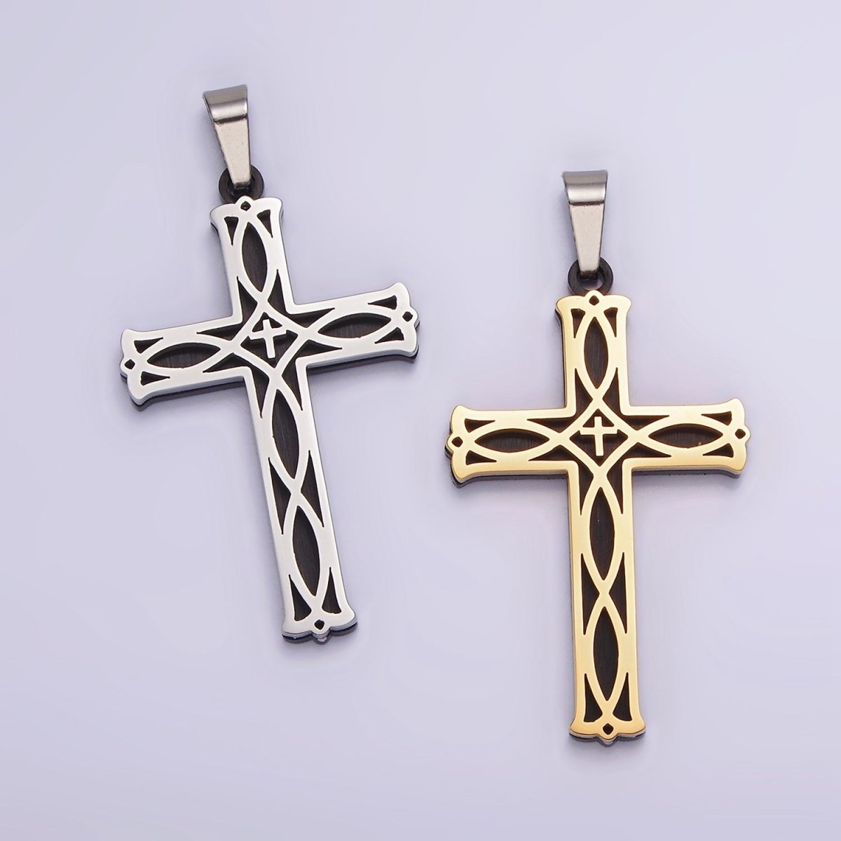 Stainless Steel 37.5mm Celtic Black Back Accented Artisan Bar Religious Cross in Gold & Silver | P-757
