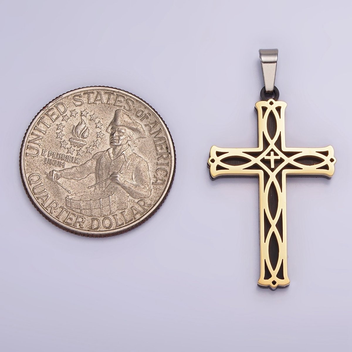 Stainless Steel 37.5mm Celtic Black Back Accented Artisan Bar Religious Cross in Gold & Silver | P-757