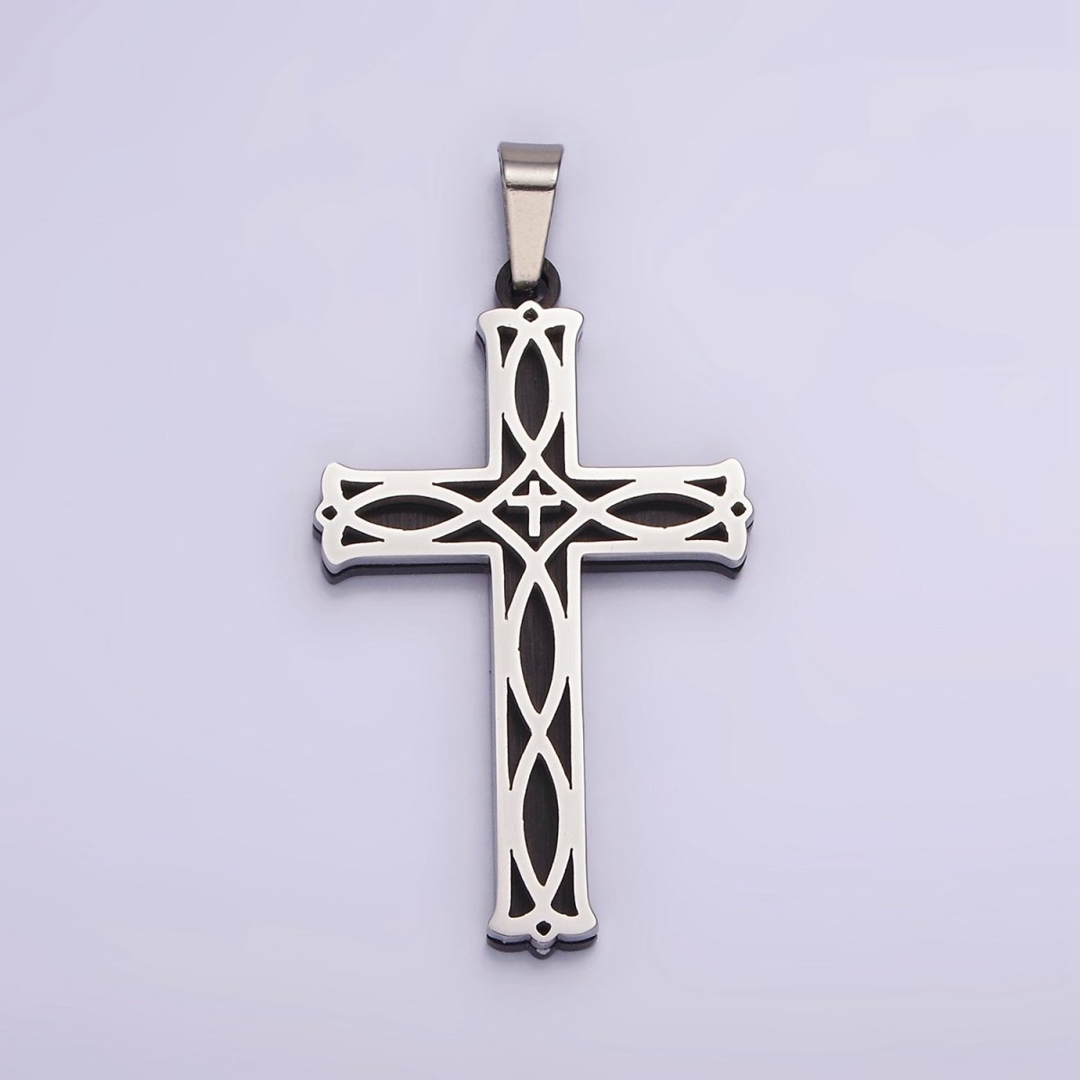 Stainless Steel 37.5mm Celtic Black Back Accented Artisan Bar Religious Cross in Gold & Silver | P-757