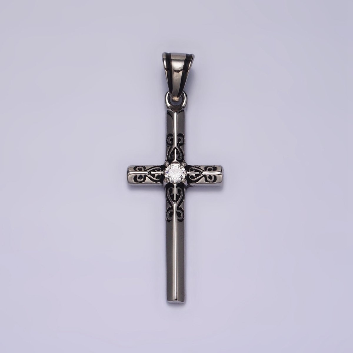 Stainless Steel 40mm, 50mm Round Clear CZ Engraved Edged Latin Cross Pendant  P-555 P-556