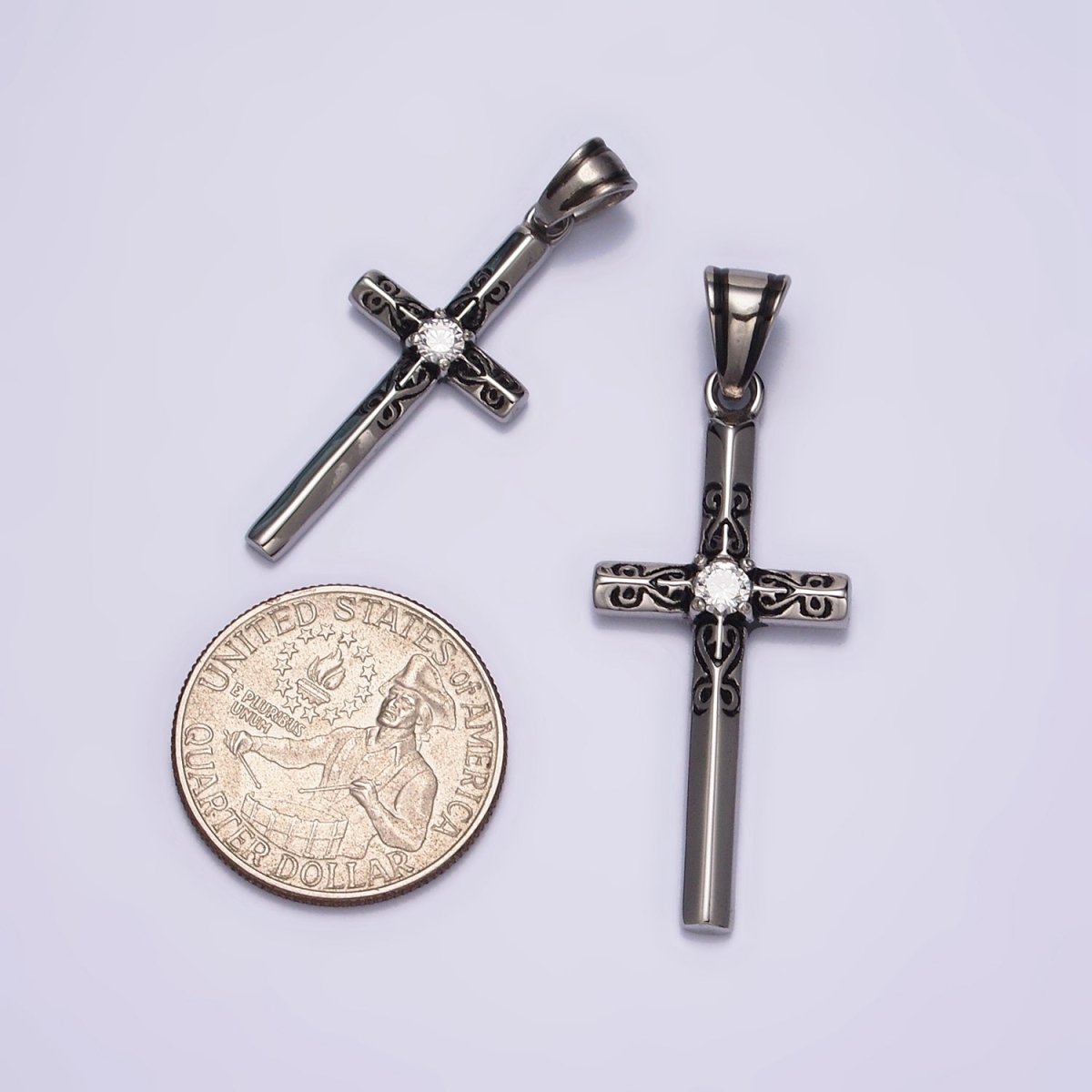 Stainless Steel 40mm, 50mm Round Clear CZ Engraved Edged Latin Cross Pendant  P-555 P-556