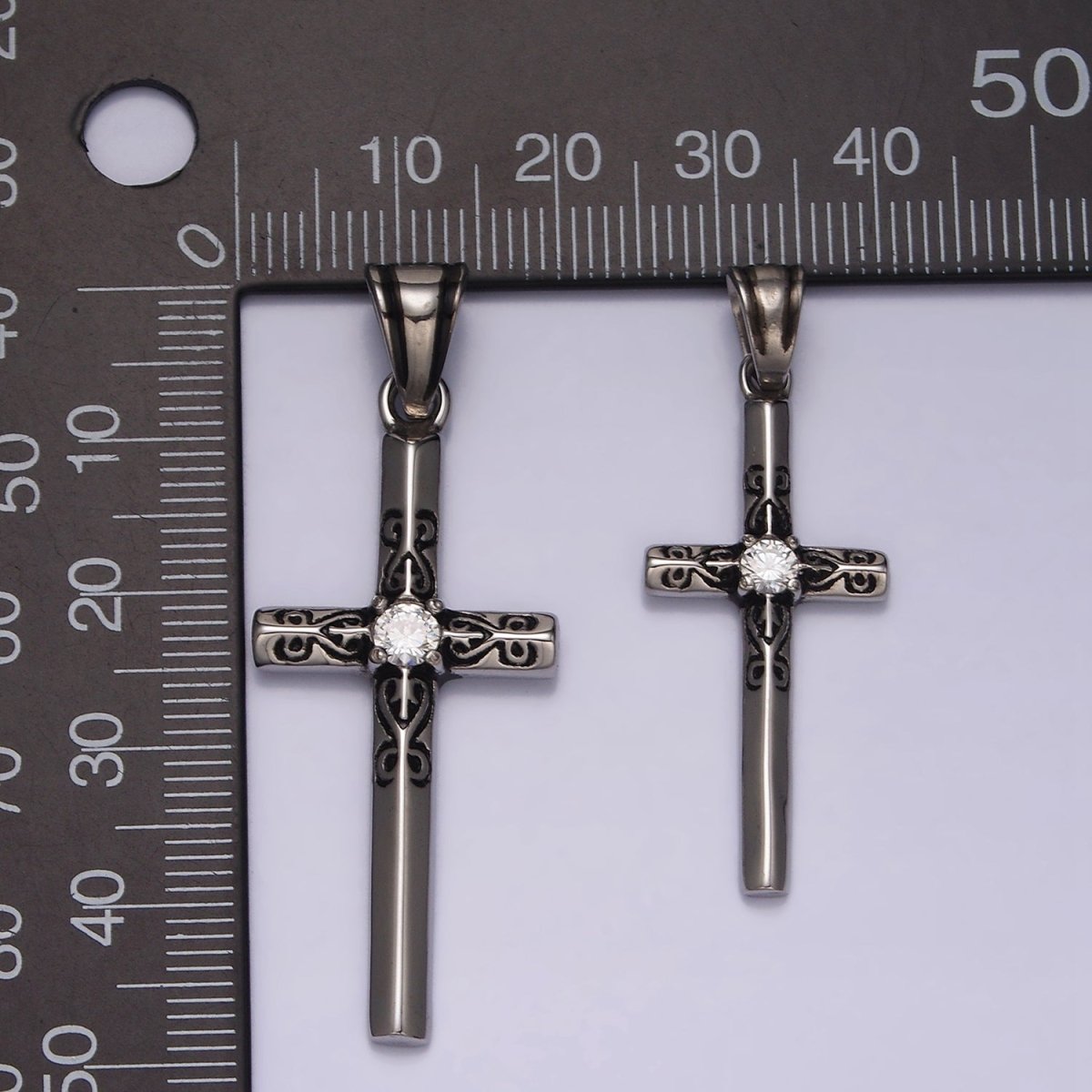 Stainless Steel 40mm, 50mm Round Clear CZ Engraved Edged Latin Cross Pendant  P-555 P-556