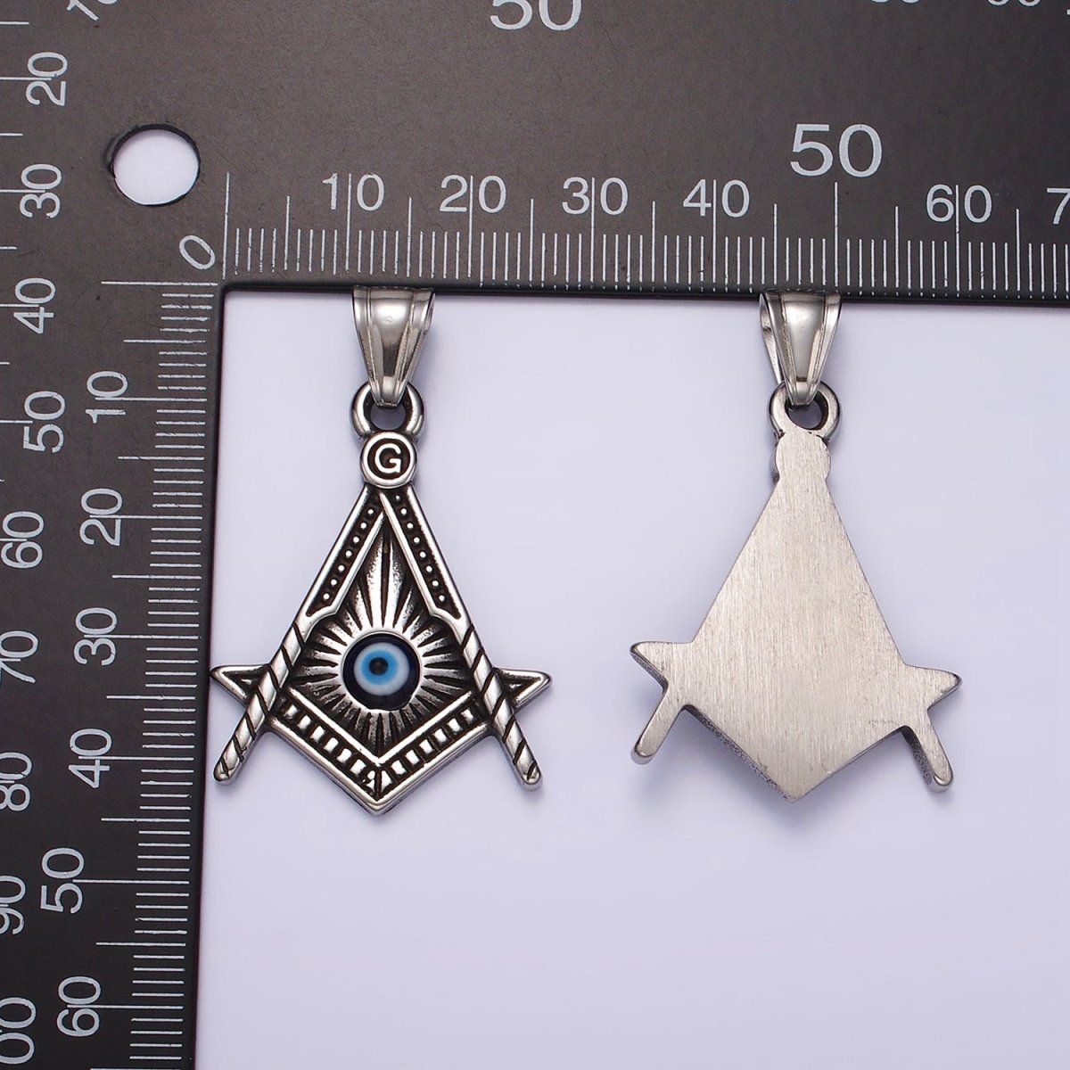 Stainless Steel 40mm Evil Eye Artisan Lined Point Arrow Pendant | P1059 - DLUXCA