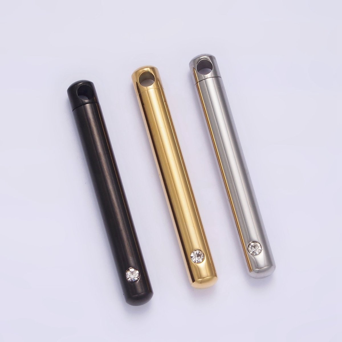 Stainless Steel 43.5mm Clear CZ Cylinder Tube Container Pendant in Silver, Gold, Black | P-720 ~ P-722