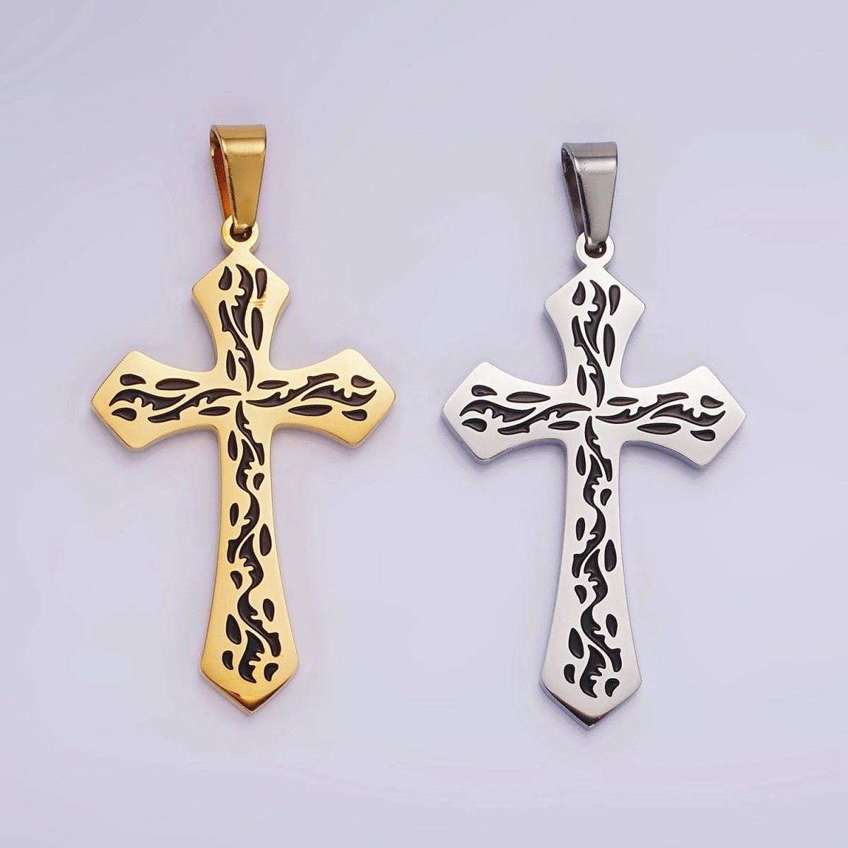 Stainless Steel 44mm Black Artisan Wave Holy Spirit Baptism Fire Passion Cross Pendant in Gold & Silver | P-850