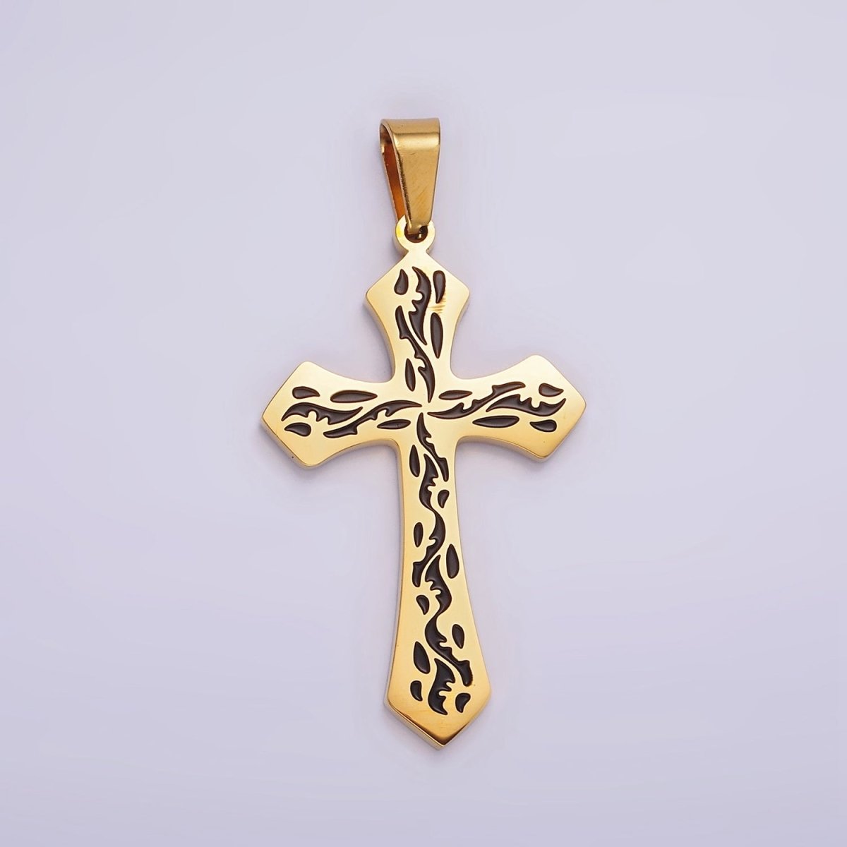 Stainless Steel 44mm Black Artisan Wave Holy Spirit Baptism Fire Passion Cross Pendant in Gold & Silver | P-850