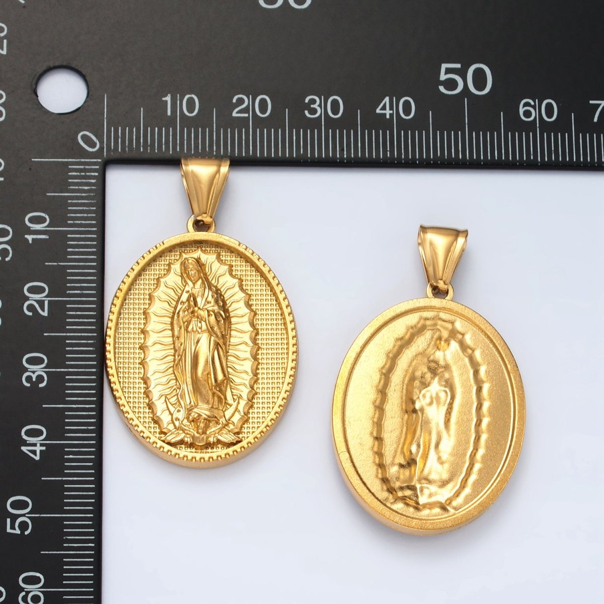 Stainless Steel 44mm Miraculous Lady Guadalupe Mary Textured Oval Pendant | P1471 - DLUXCA