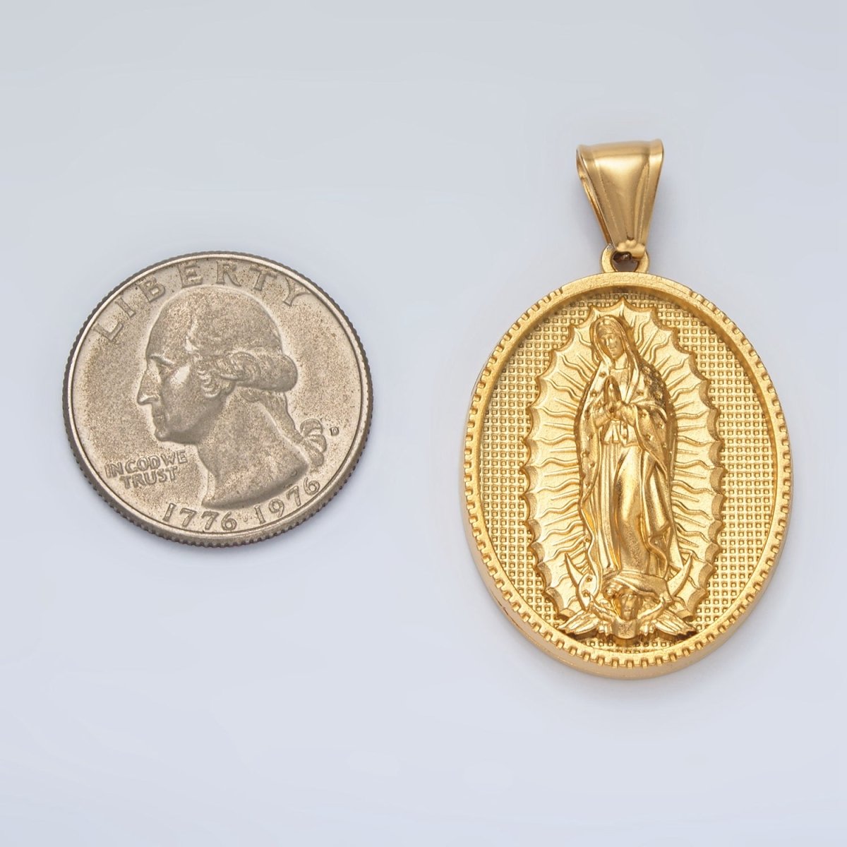 Stainless Steel 44mm Miraculous Lady Guadalupe Mary Textured Oval Pendant | P1471 - DLUXCA