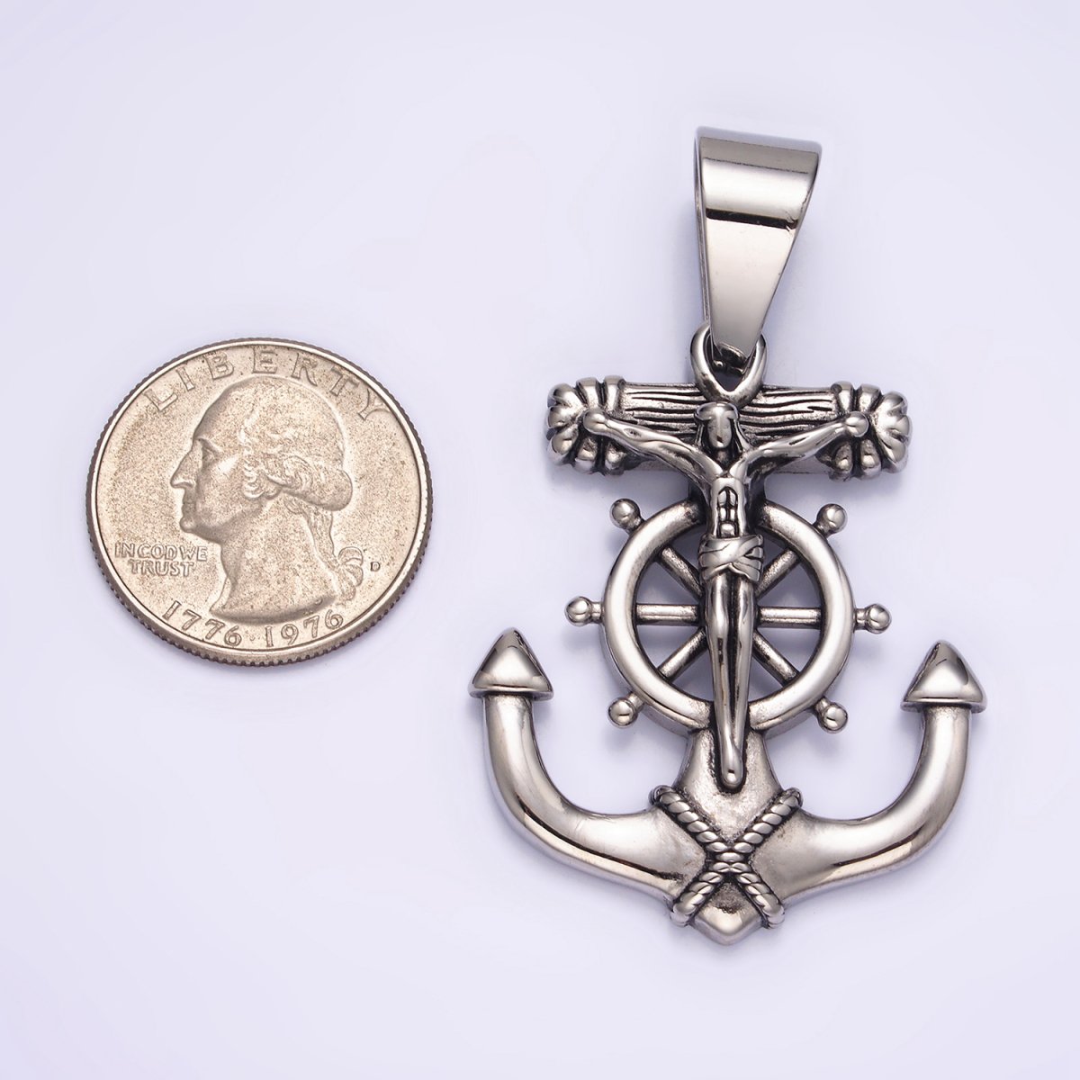 Stainless Steel 45.5mm Crucifix Jesus Steering Wheel Anchor Pendant | P-823 - DLUXCA