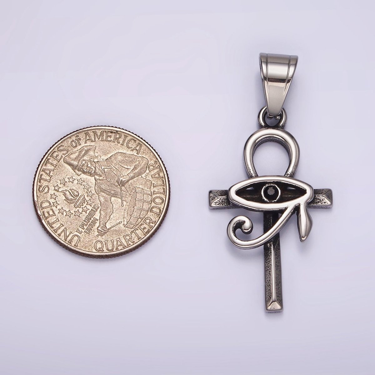 Stainless Steel 45mm Eye of Ra Edged Ankh Cross Oxidized Pendant | P1178 - DLUXCA