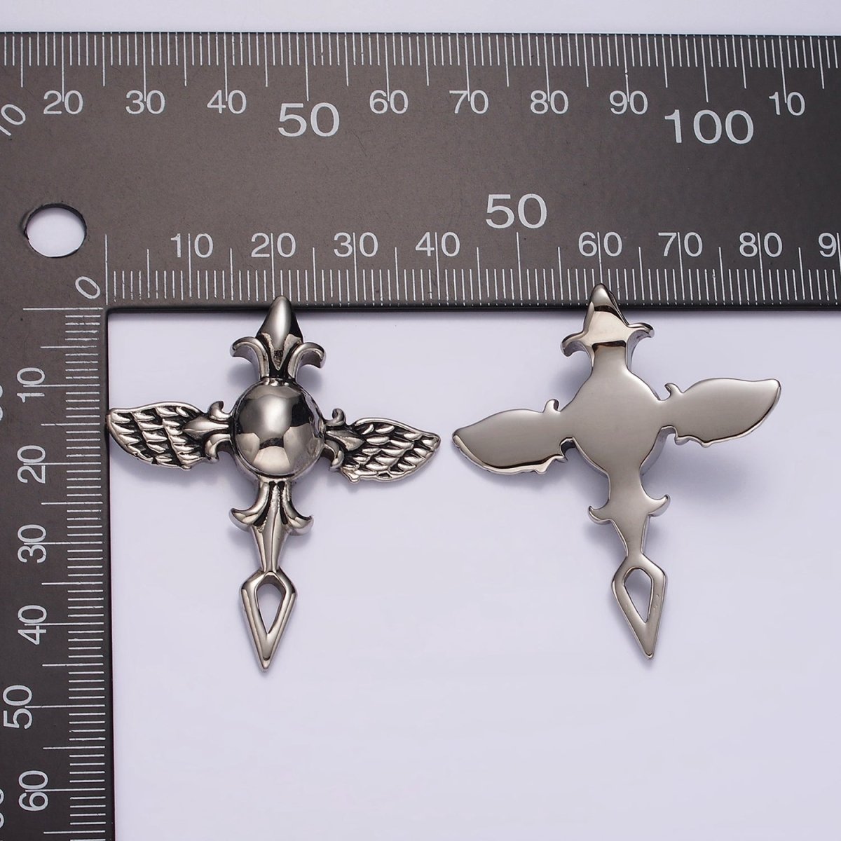 Stainless Steel 45mm Fleur Angel Wings Geometric Cross Pendant | P1365 - DLUXCA