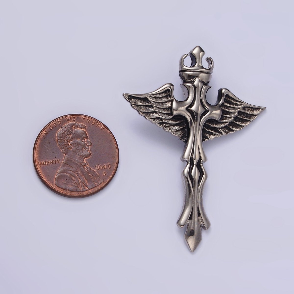 Stainless Steel 46.5mm Artisan Fleury Cross Crown Feather Wings Pendant | P-805 - DLUXCA