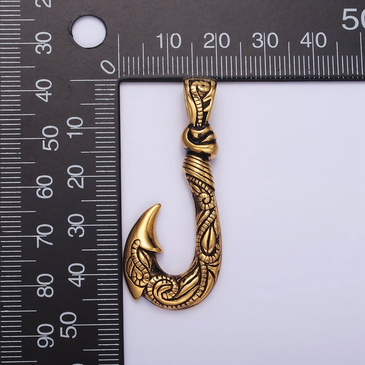 Stainless Steel 47mm Fish J-Hook Vine Engraved Pendant in Silver & Gold | P-779