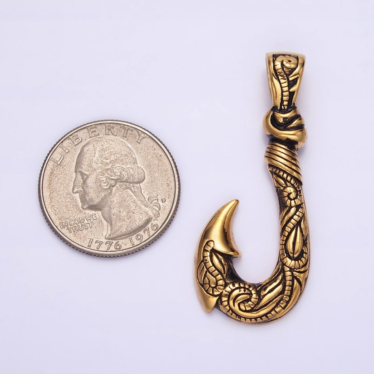 Stainless Steel 47mm Fish J-Hook Vine Engraved Pendant in Silver & Gold | P-779