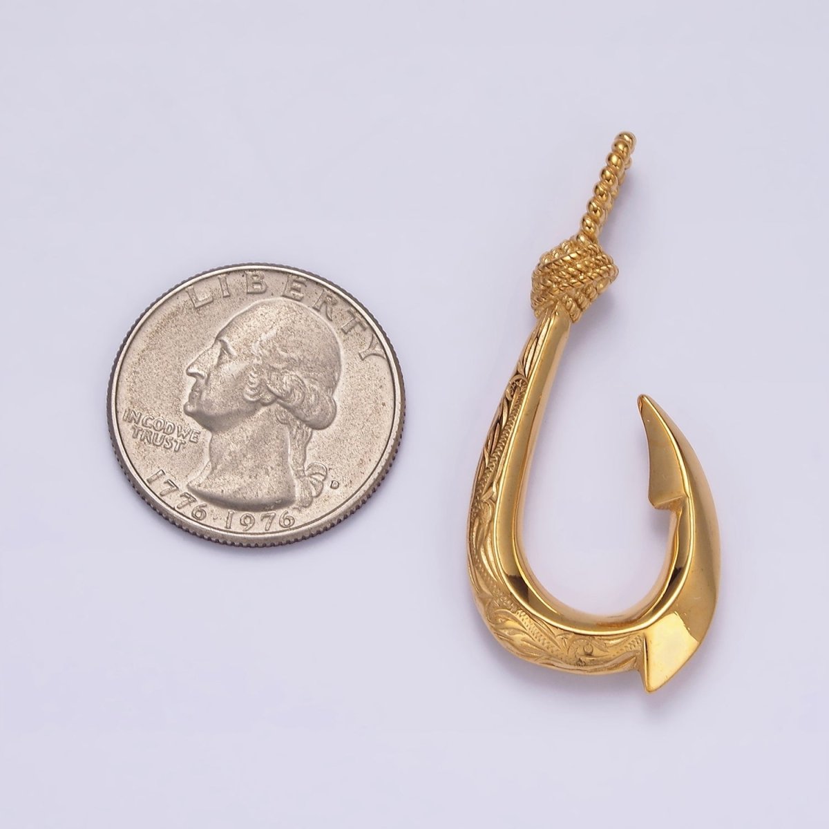 Stainless Steel 47mm Rope-Tied Double Sided Engraved Nautical Hook Pendant in Gold & Silver | P-792