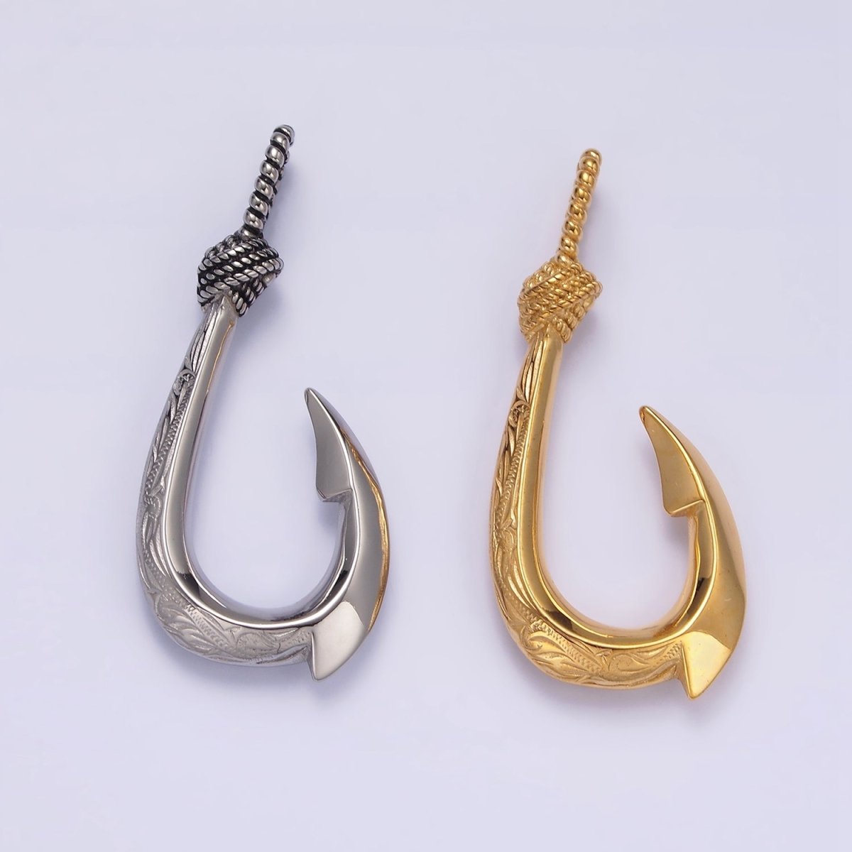 Stainless Steel 47mm Rope-Tied Double Sided Engraved Nautical Hook Pendant in Gold & Silver | P-792