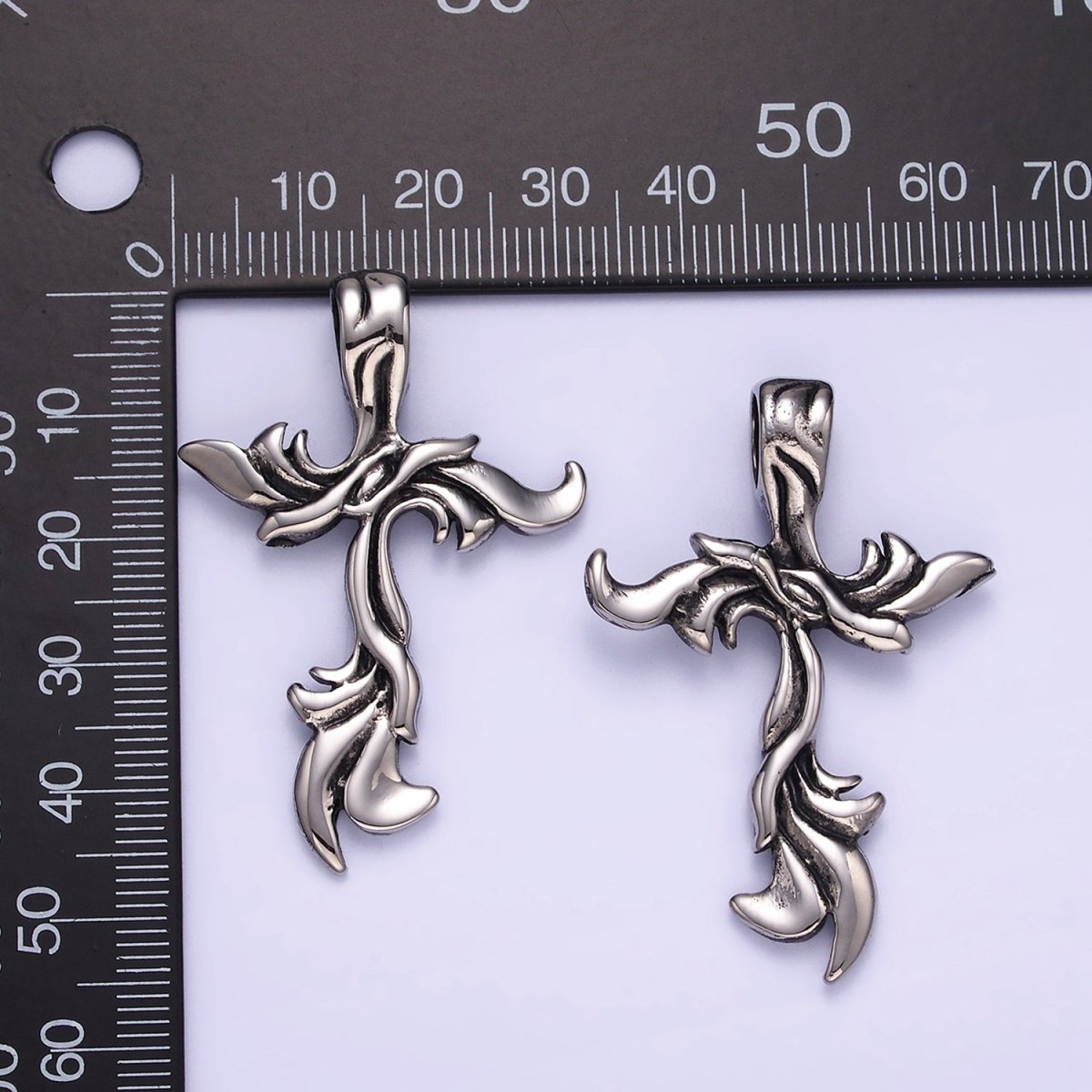 Stainless Steel 48mm Artisan Cross Religious Oxidized Silver Pendant | P1408 - DLUXCA