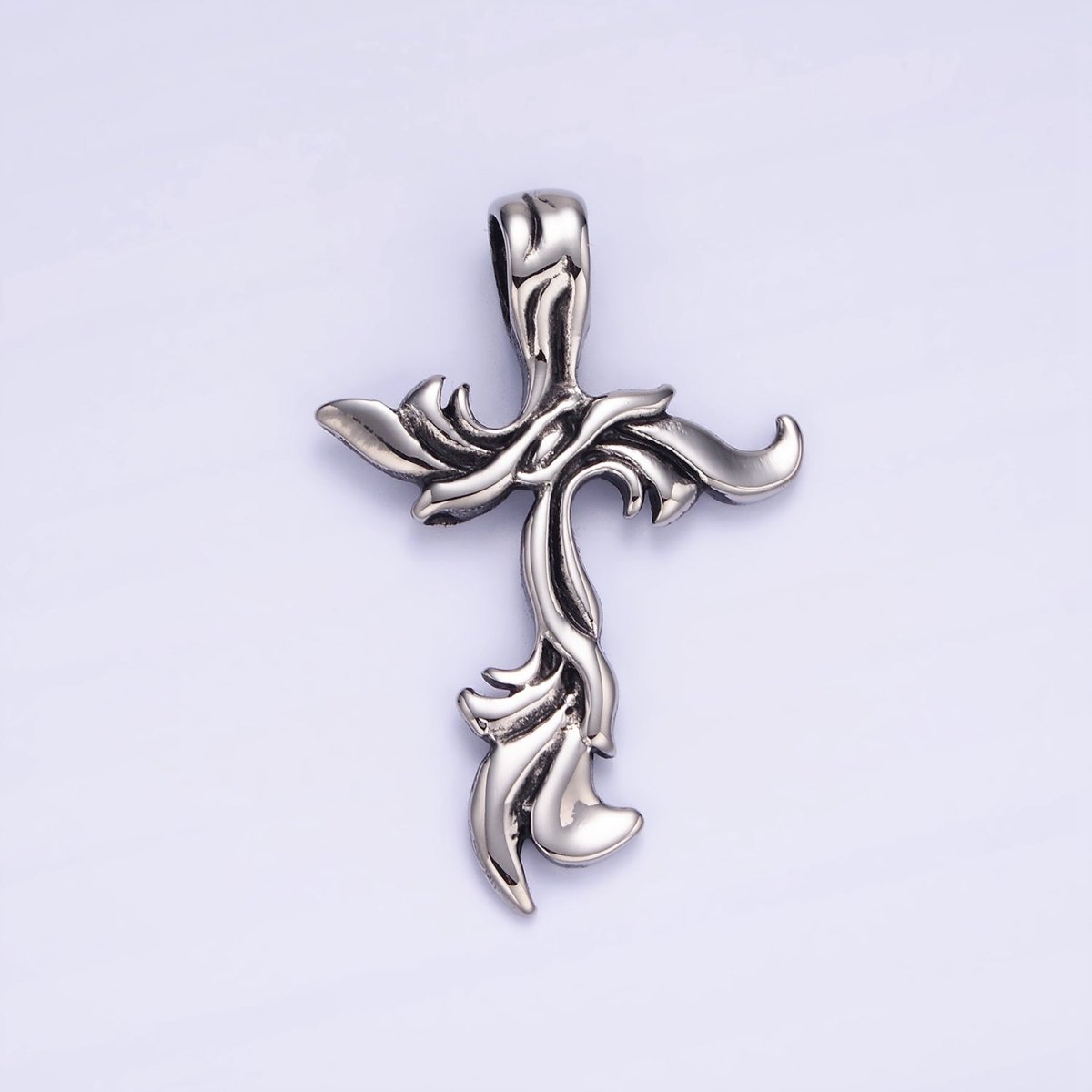 Stainless Steel 48mm Artisan Cross Religious Oxidized Silver Pendant | P1408 - DLUXCA