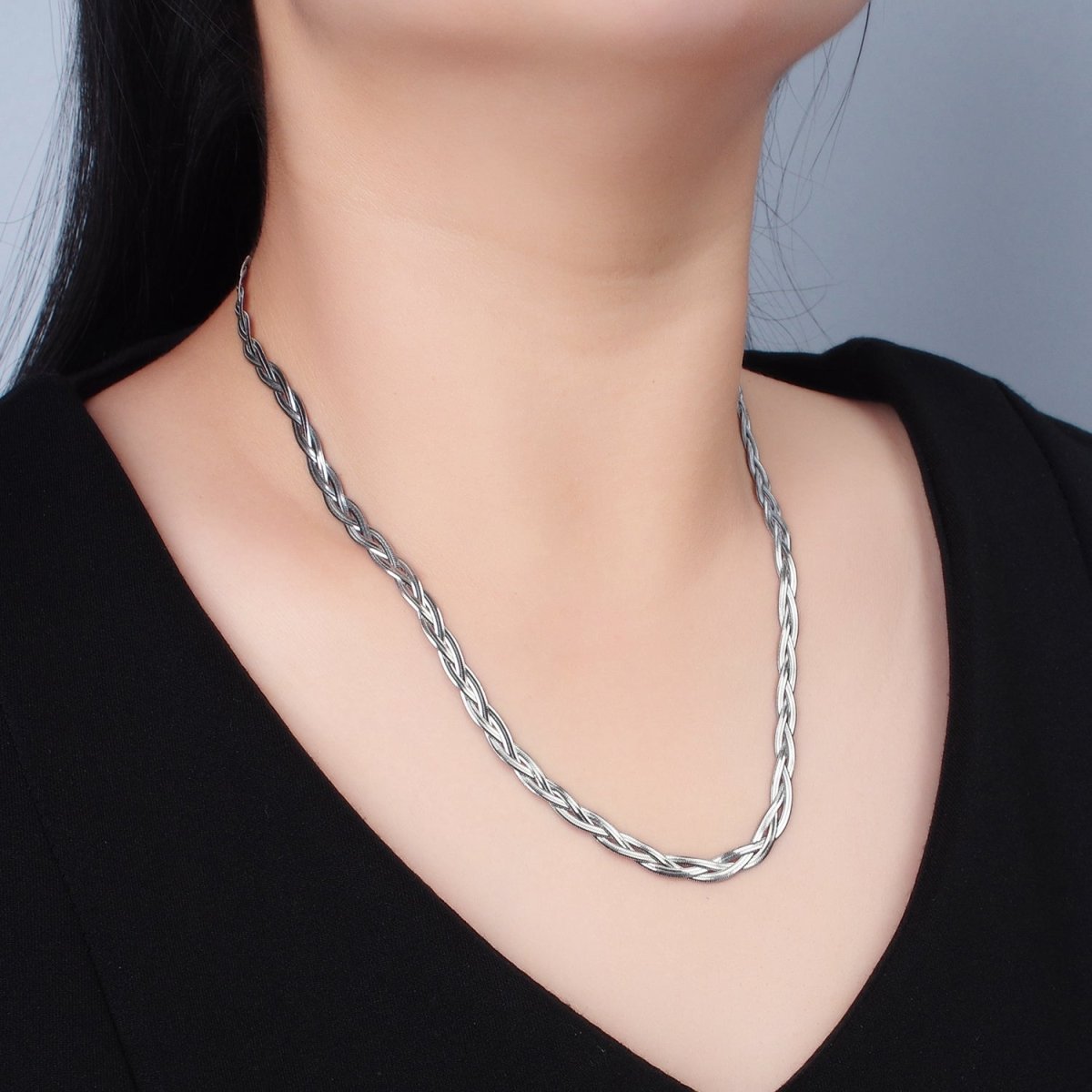 Stainless Steel 4mm Braided Intertwine Herringbone Chains 18 Inch Necklace in Mixed Metal & Silver | WA-2616 WA-2617