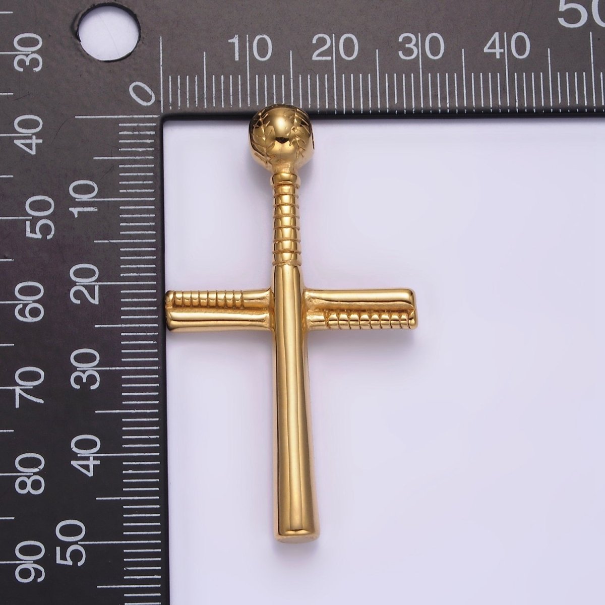 Stainless Steel 50.5mm Baseball-Themed Cross Pendant in Gold, Black, Silver | P-732