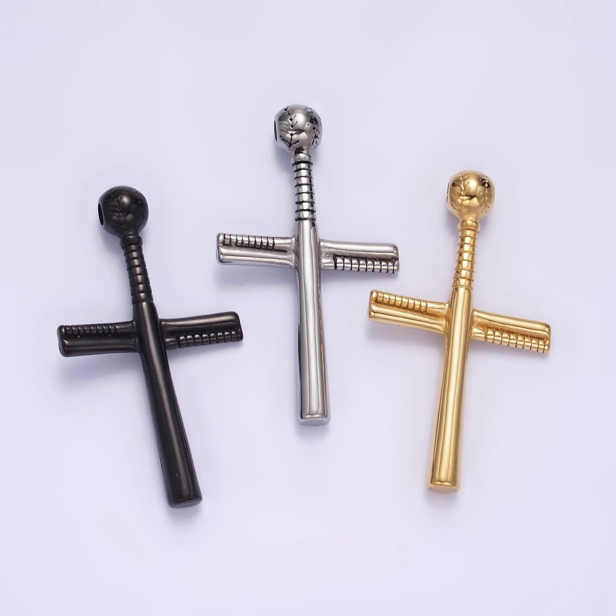 Stainless Steel 50.5mm Baseball-Themed Cross Pendant in Gold, Black, Silver | P-732