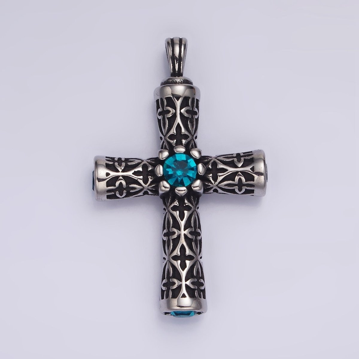 Stainless Steel 50.5mm Four Blue CZ Artisan Passion Celtic Engraved Religious Cross Pendant in Gold & Silver | P-853