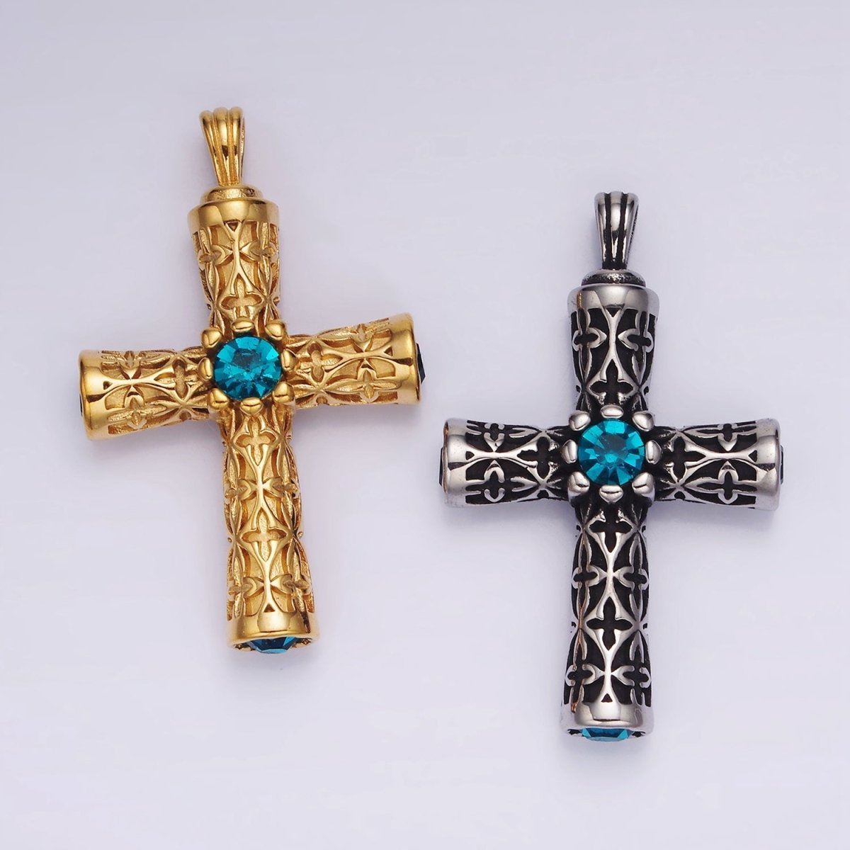 Stainless Steel 50.5mm Four Blue CZ Artisan Passion Celtic Engraved Religious Cross Pendant in Gold & Silver | P-853