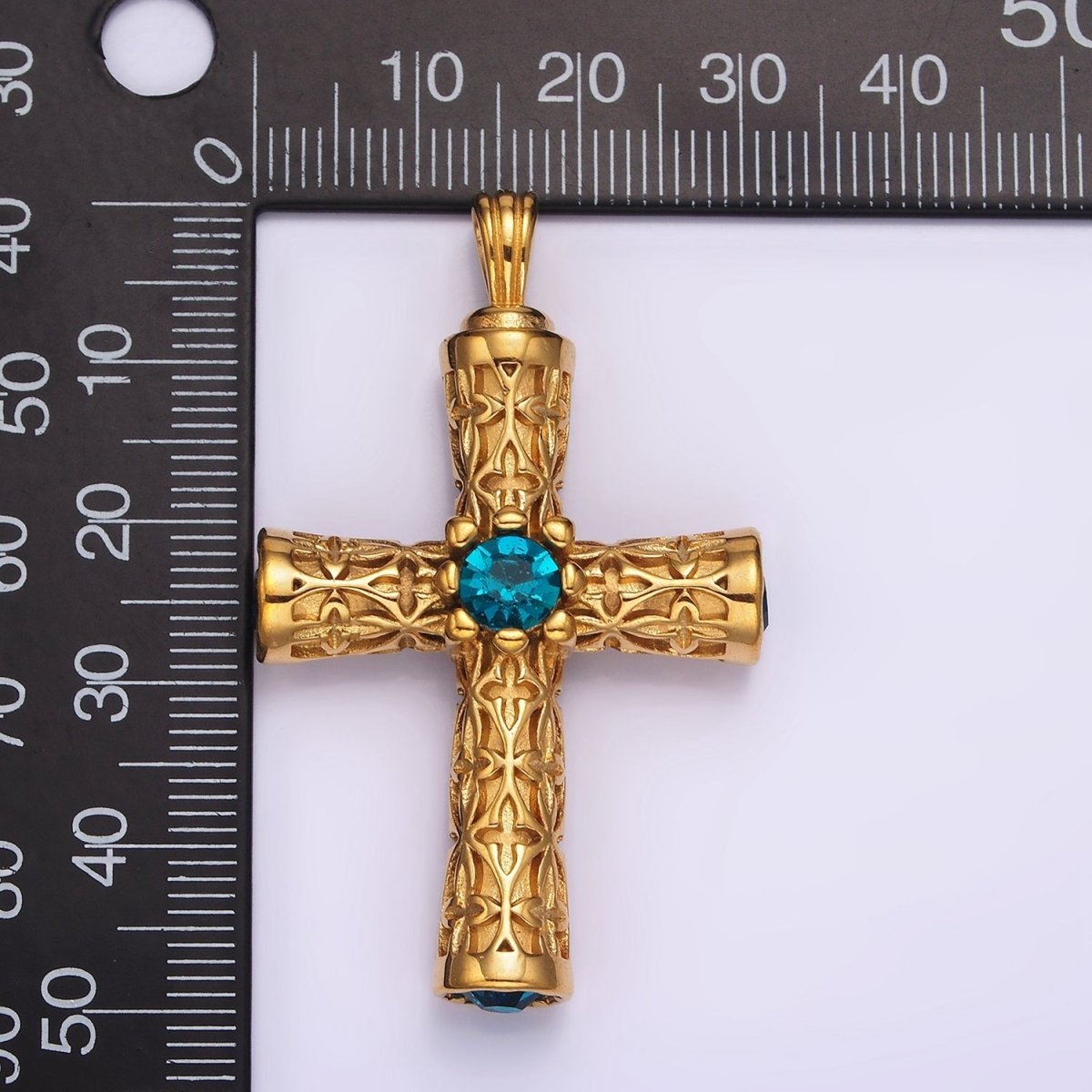 Stainless Steel 50.5mm Four Blue CZ Artisan Passion Celtic Engraved Religious Cross Pendant in Gold & Silver | P-853