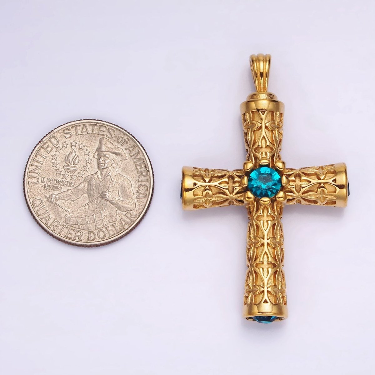 Stainless Steel 50.5mm Four Blue CZ Artisan Passion Celtic Engraved Religious Cross Pendant in Gold & Silver | P-853