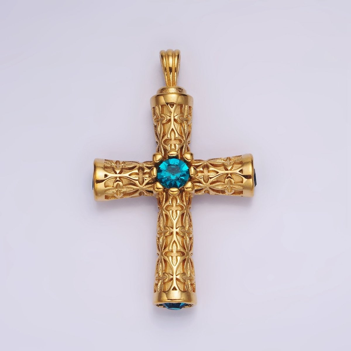Stainless Steel 50.5mm Four Blue CZ Artisan Passion Celtic Engraved Religious Cross Pendant in Gold & Silver | P-853