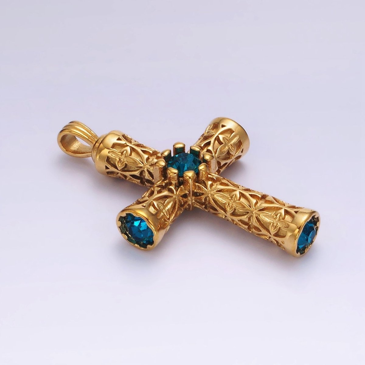 Stainless Steel 50.5mm Four Blue CZ Artisan Passion Celtic Engraved Religious Cross Pendant in Gold & Silver | P-853