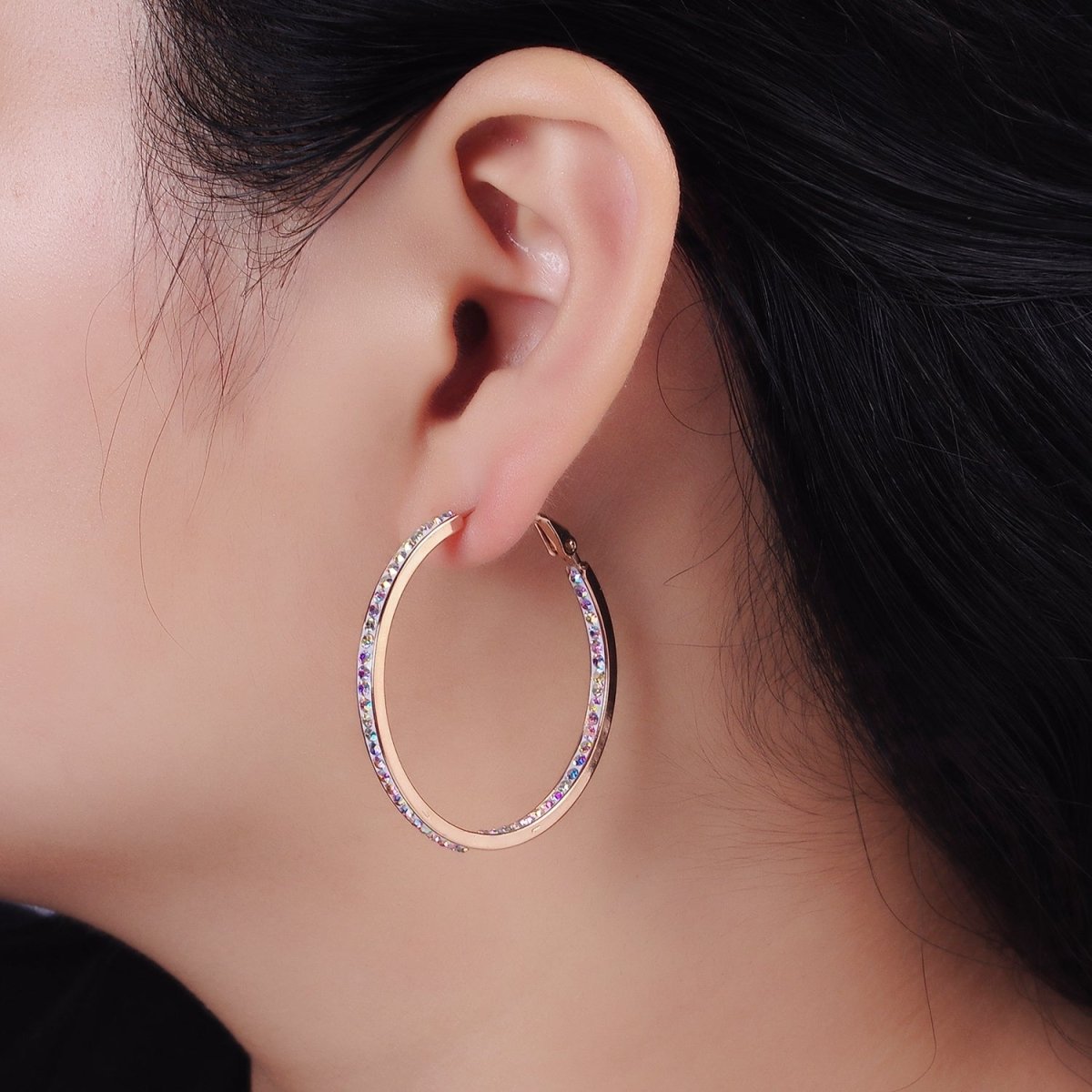 Stainless Steel 50mm, 40mm Iridescent CZ Lined Front-Facing Hinge Hoop Earrings | AE101