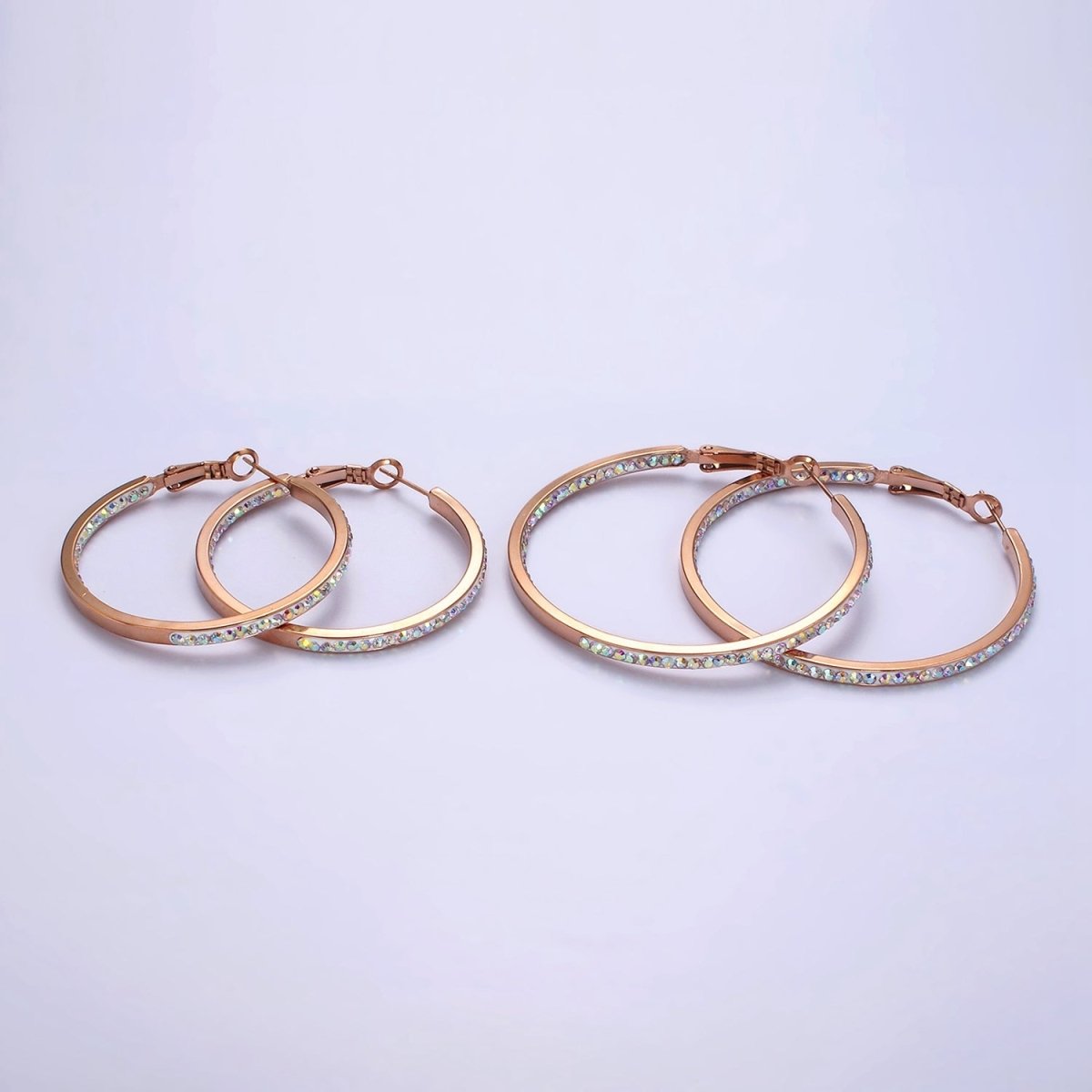 Stainless Steel 50mm, 40mm Iridescent CZ Lined Front-Facing Hinge Hoop Earrings | AE101