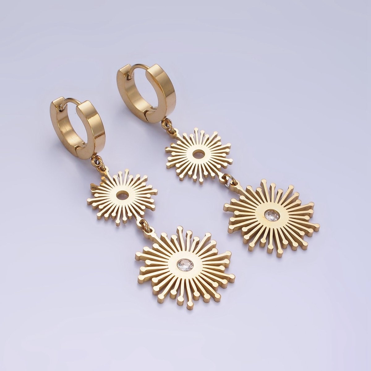 Stainless Steel 50mm Celestial Sun Ray CZ Double Drop Huggie Earrings | AE463 - DLUXCA
