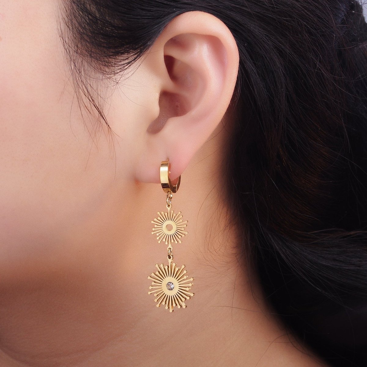 Stainless Steel 50mm Celestial Sun Ray CZ Double Drop Huggie Earrings | AE463 - DLUXCA