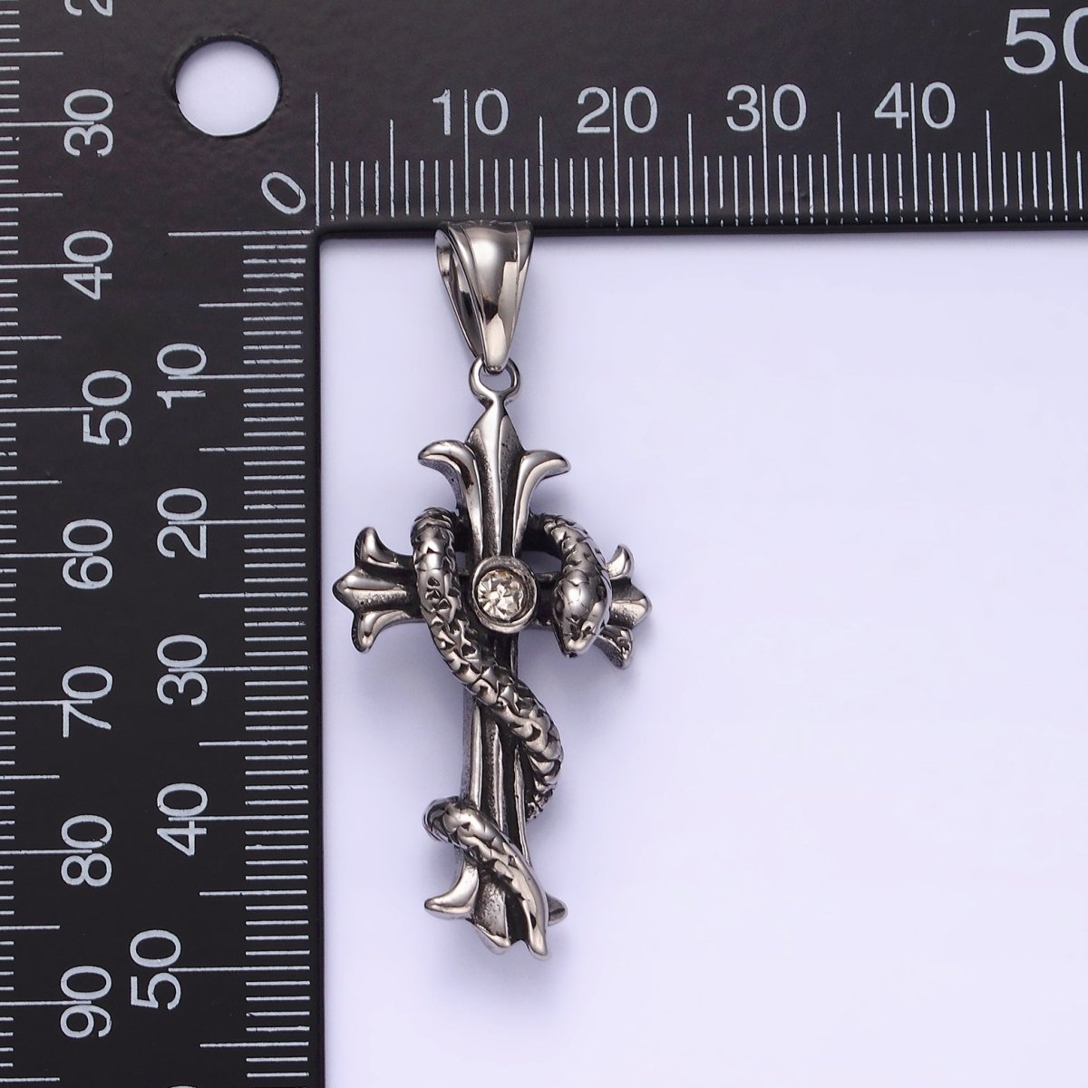 Stainless Steel 50mm Clear CZ Fleury Cross Slither Snake Pendant | P-744