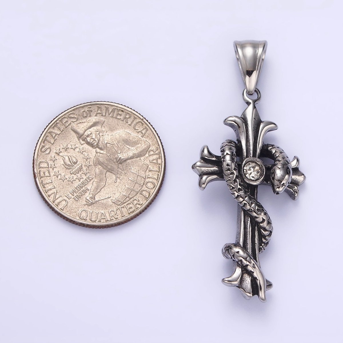 Stainless Steel 50mm Clear CZ Fleury Cross Slither Snake Pendant | P-744