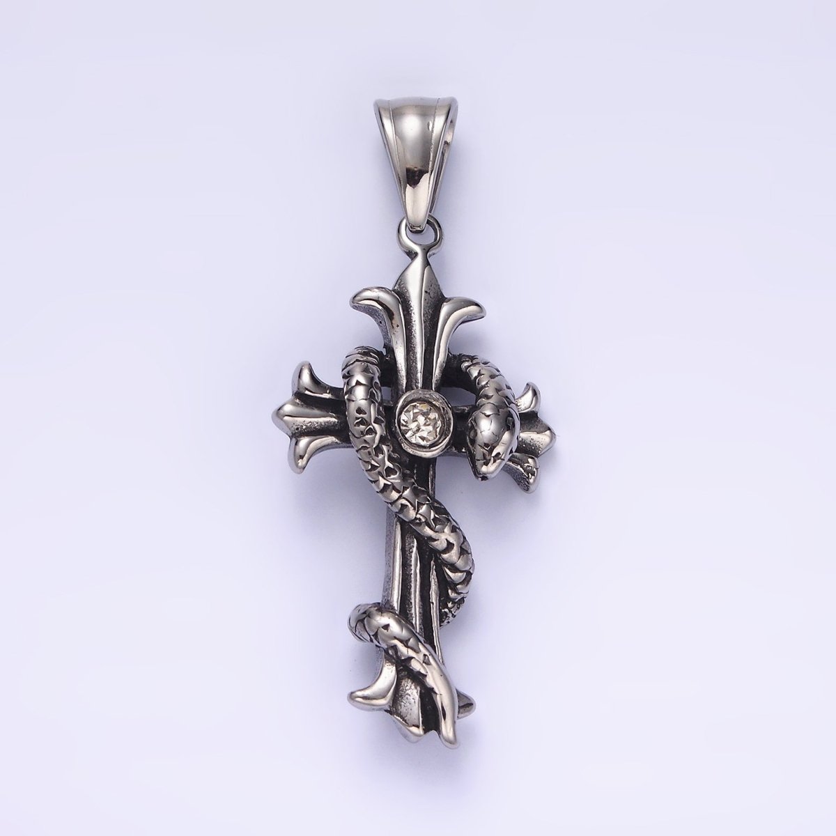 Stainless Steel 50mm Clear CZ Fleury Cross Slither Snake Pendant | P-744