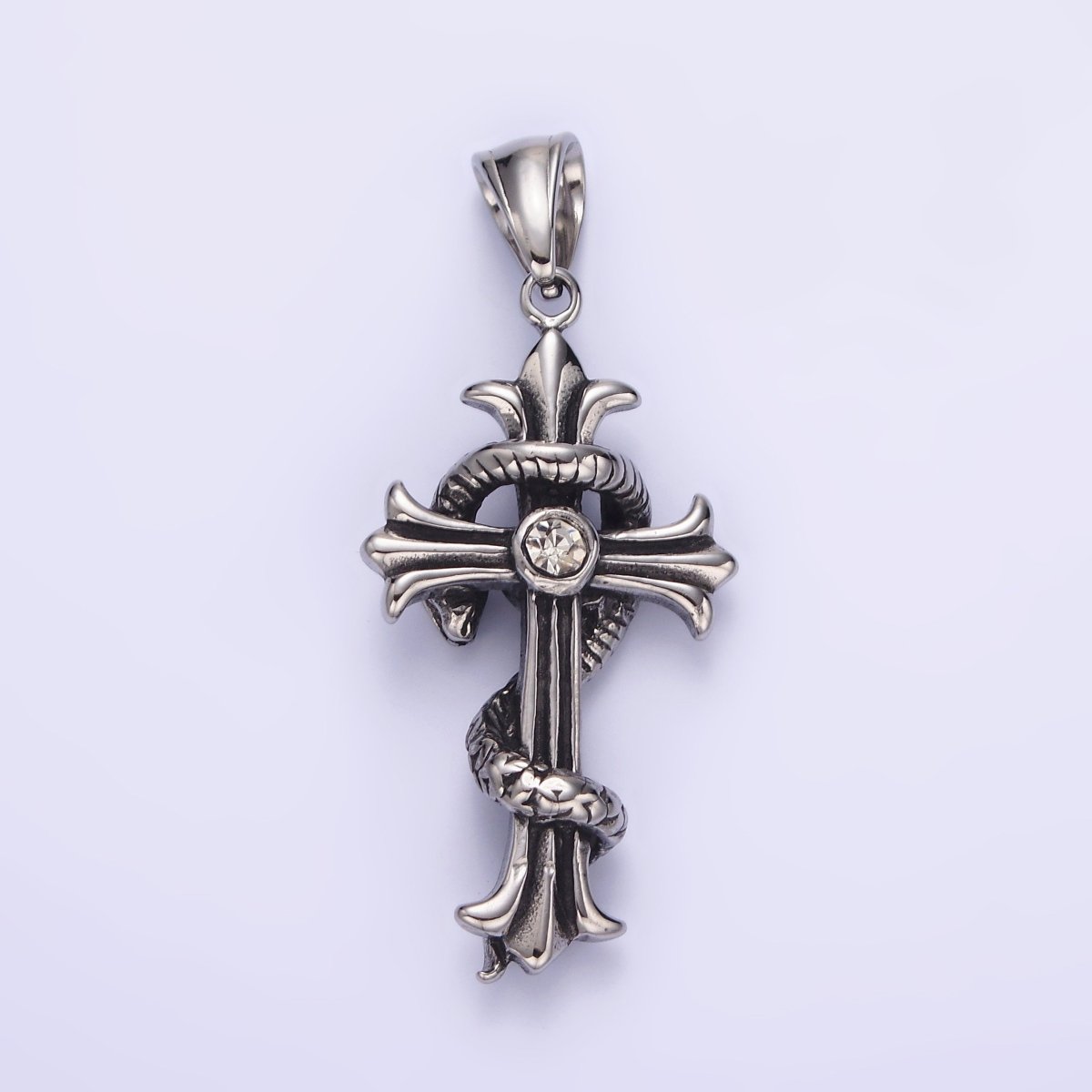 Stainless Steel 50mm Clear CZ Fleury Cross Slither Snake Pendant | P-744