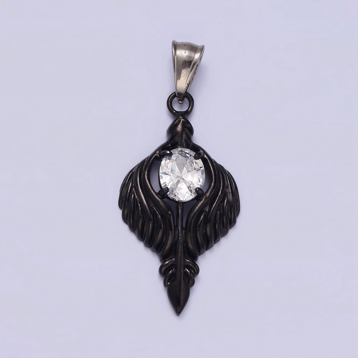 Stainless Steel 50mm Clear CZ Oval Line-Textured Wrapped Arrow Pendant in Silver & Black | P-808